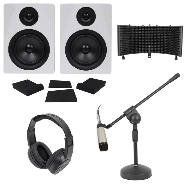 2) Rockville 5.25" 250w Powered Studio Monitors+Mic+Headphones+Stand+Shield+Pads