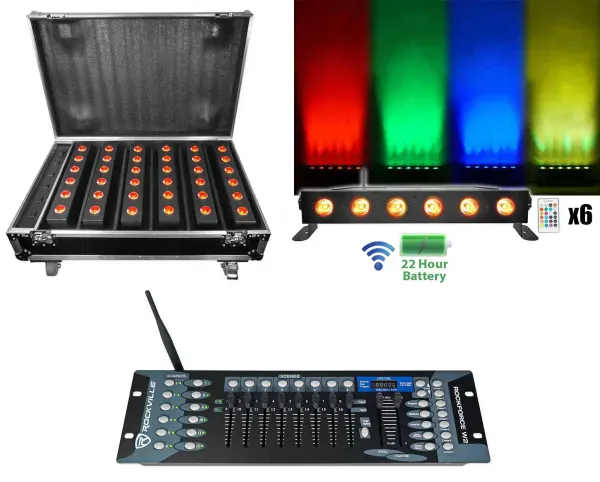 Rockville Best Strip 60 Pack Black (6) Lights+Charging Case+Wireless DMX Control