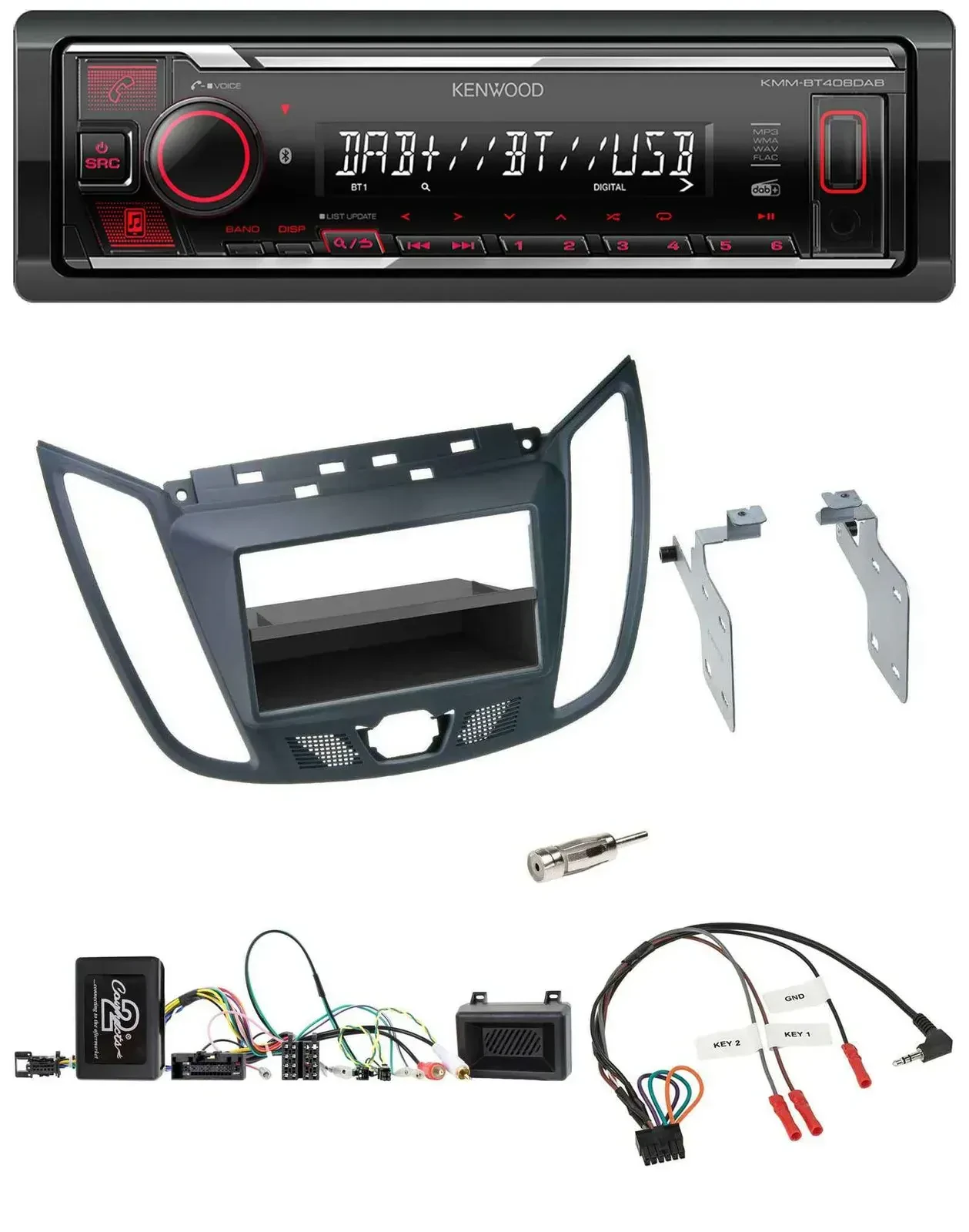 Автомагнитола Kenwood для Ford C-Max/Kuga Bluetooth, USB, DAB, поддержка управления с руля, темно-серая