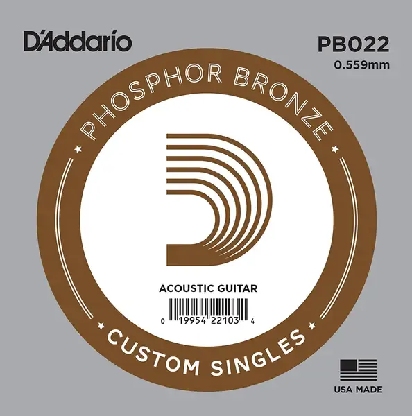 Струна для акустической гитары D'Addario PB022 Phosphor Bronze Custom Singles, фосфорная бронза, калибр 22