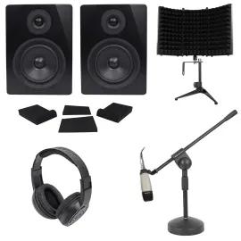 2) Rockville 5.25" Powered Studio Monitors+Mic+Headphones+Stand+Shield+Pads