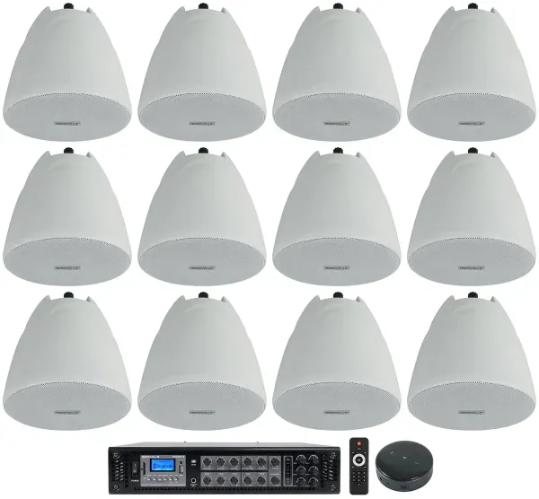 Rockville RCS350-6 Commercial 70v Amp+Wifi Receiver+(12) 4" Pendant Speakers