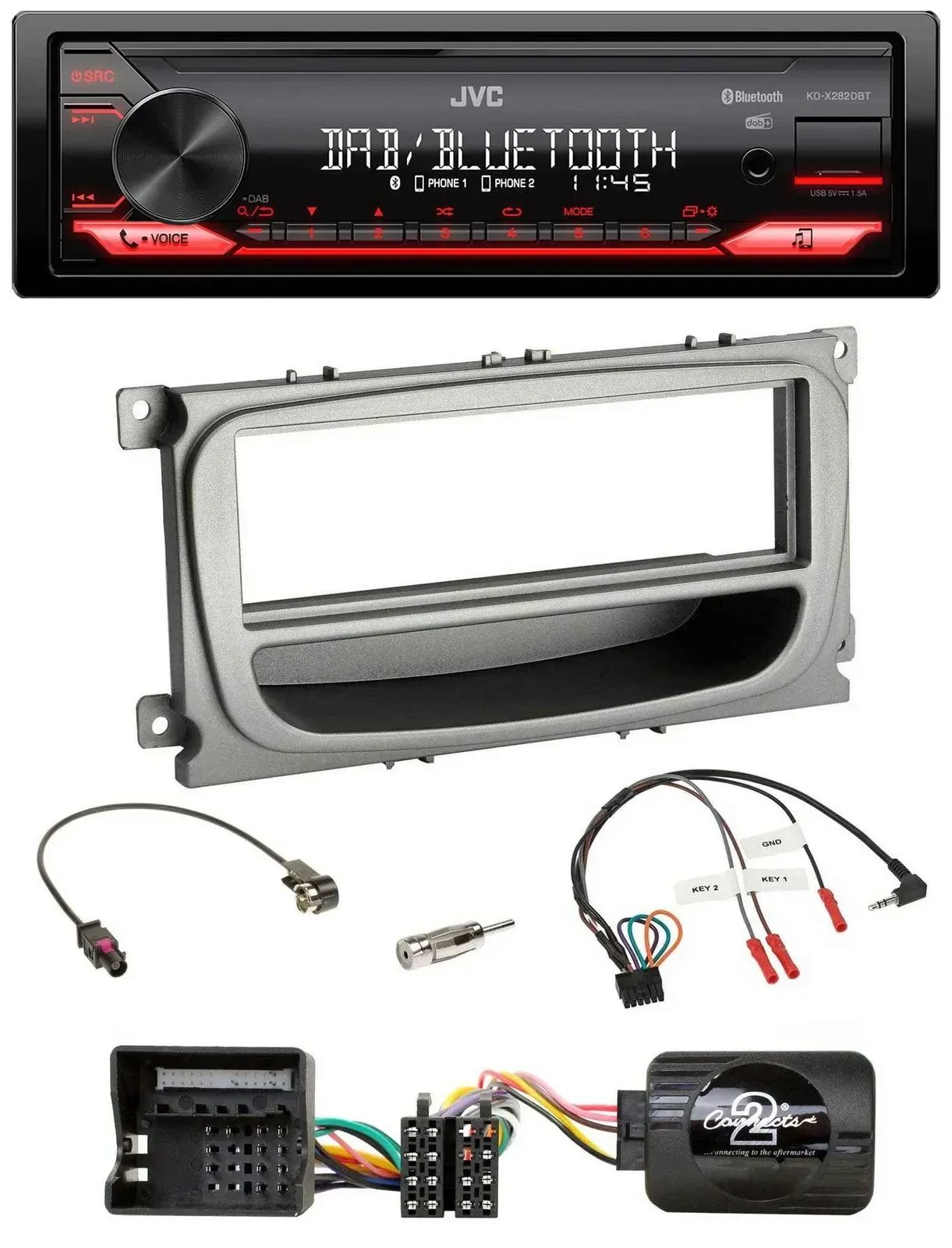 Автомагнитола JVC Bluetooth USB DAB для Ford Mondeo, S-Max (с 2007), серебристая