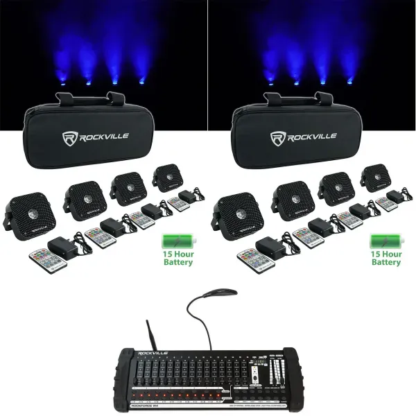 Rockville 8 PACK MINI RF1 V2 Black Up Lights+Bag+Remote+Wireless DMX Controller