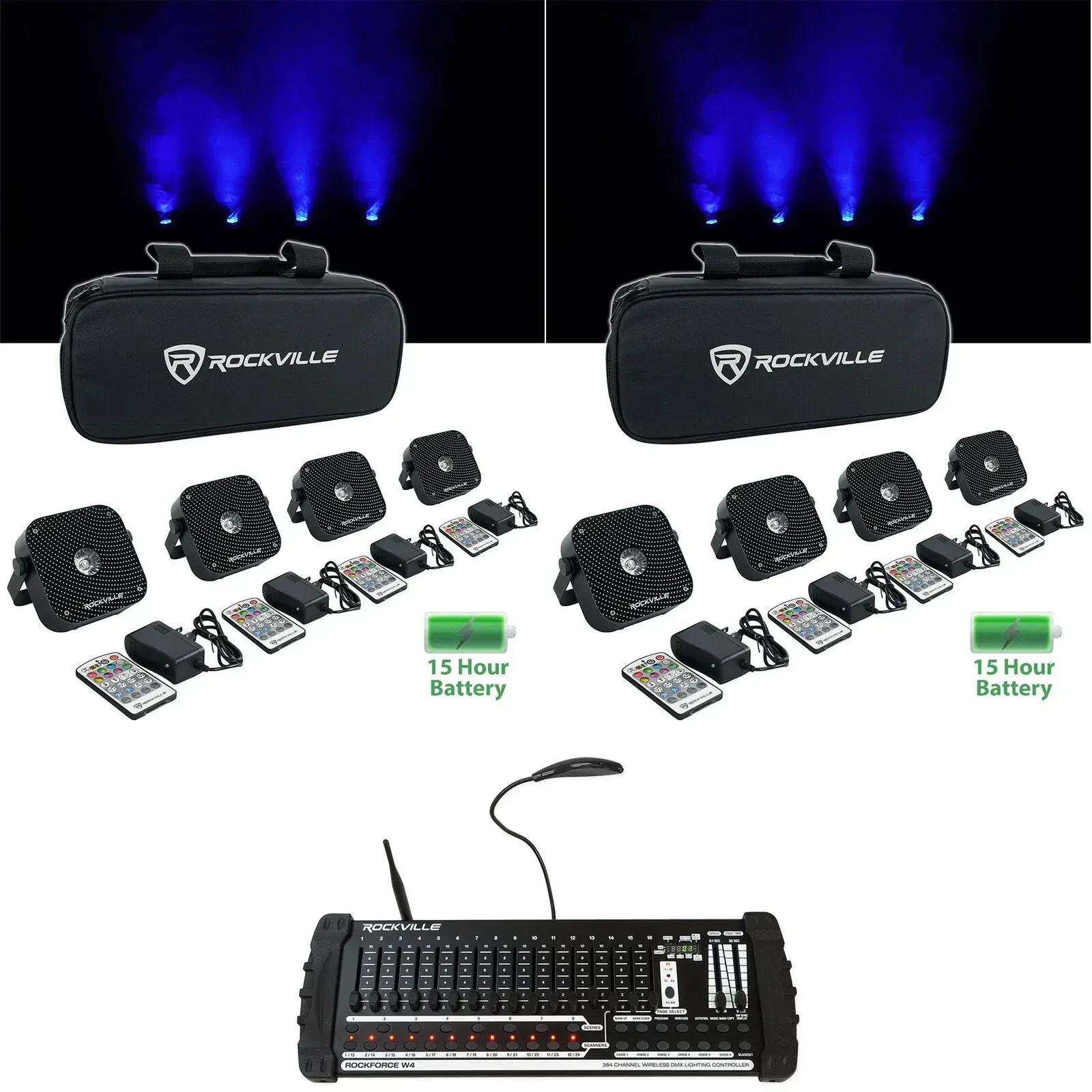 Комплект светового оборудования Rockville (2) 4 PACK MINI RF1 V2 BK+ROCKFORCE W4