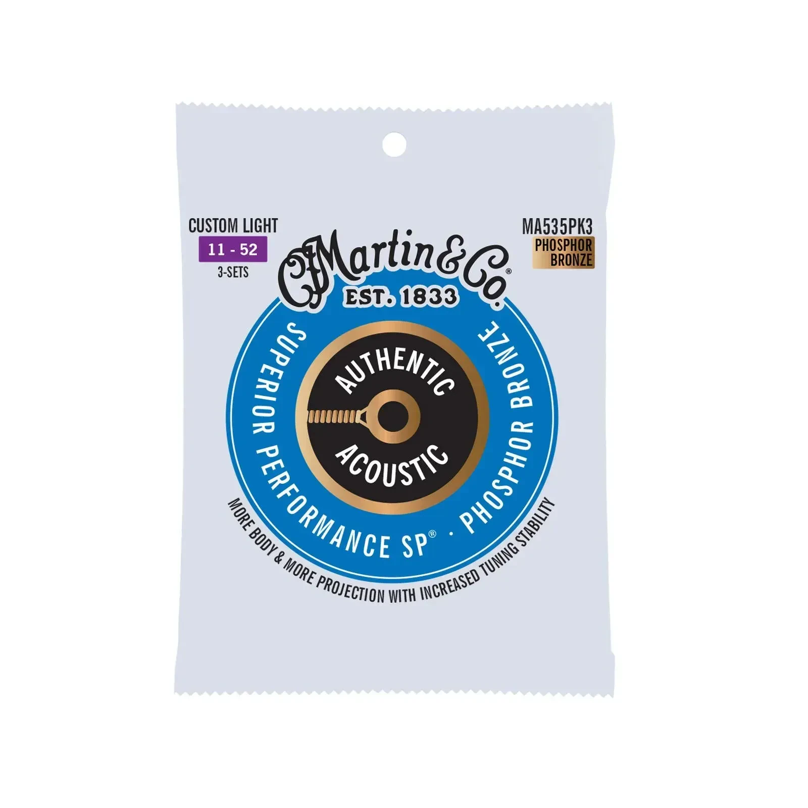 Струны для акустической гитары Martin Guitars MA535 Authentic SP Phosphor Bronze Custom Light 11-52 (3 комплекта)