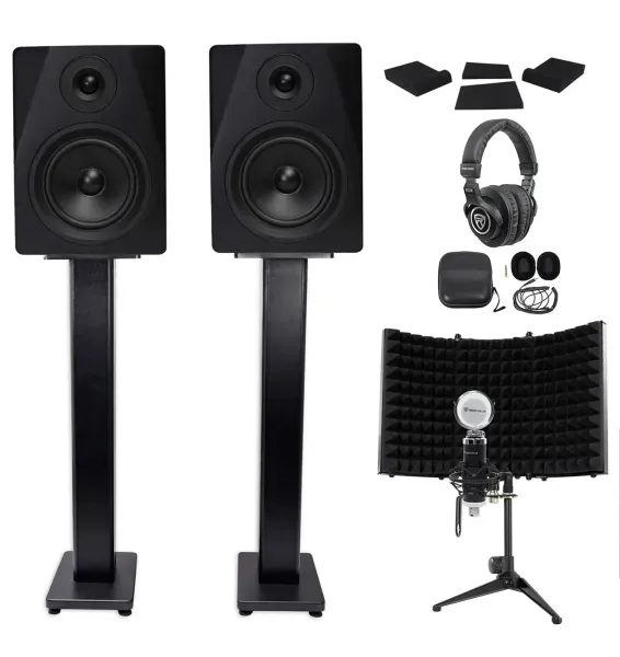 2) Rockville DPM5B 5.25" 300w Powered Studio Monitors+Stands+Headphones+Mic+Foam