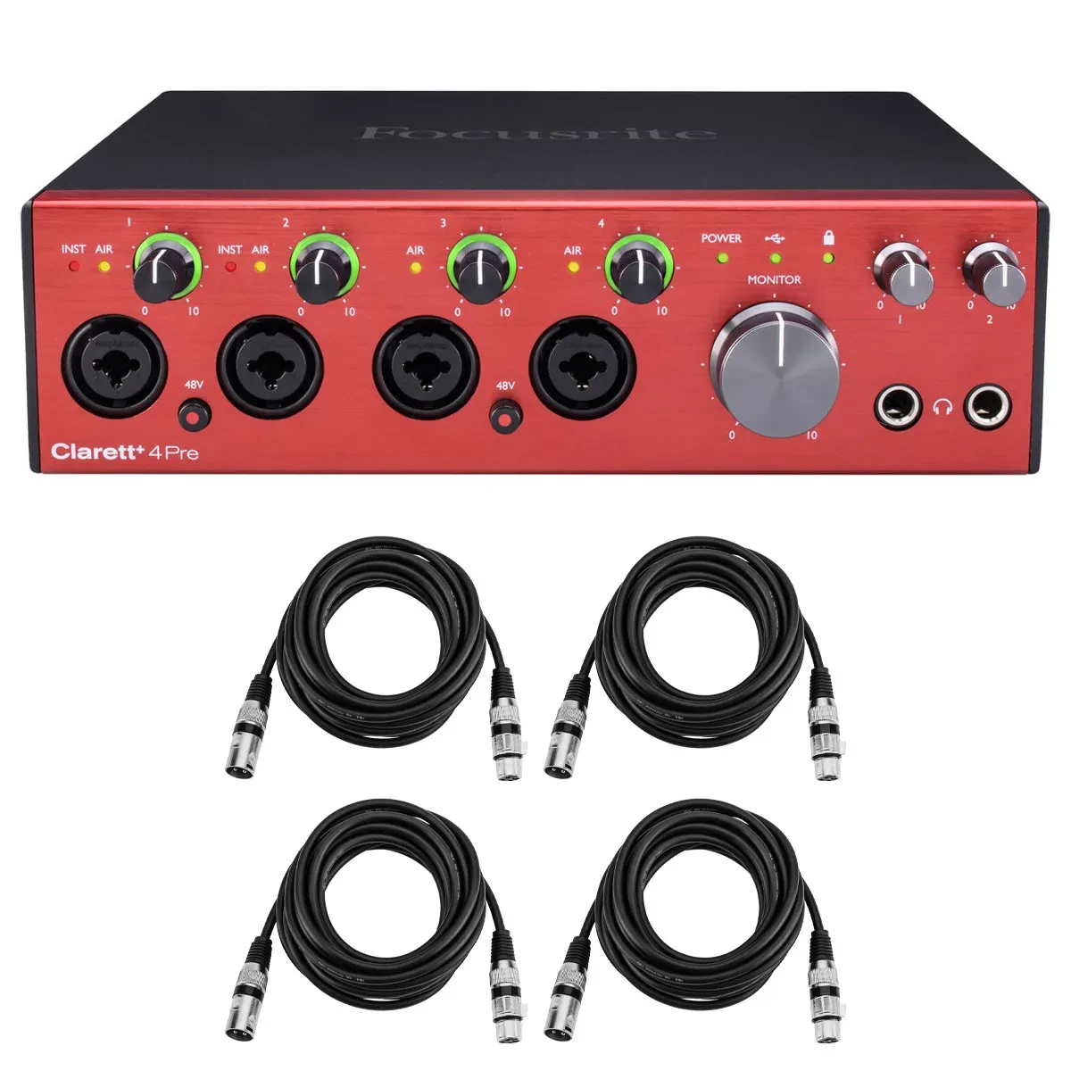 Focusrite Clarett+ 4Pre 8-Channel 18-In/8-Out Audio Interface, Bundle with 4x 15