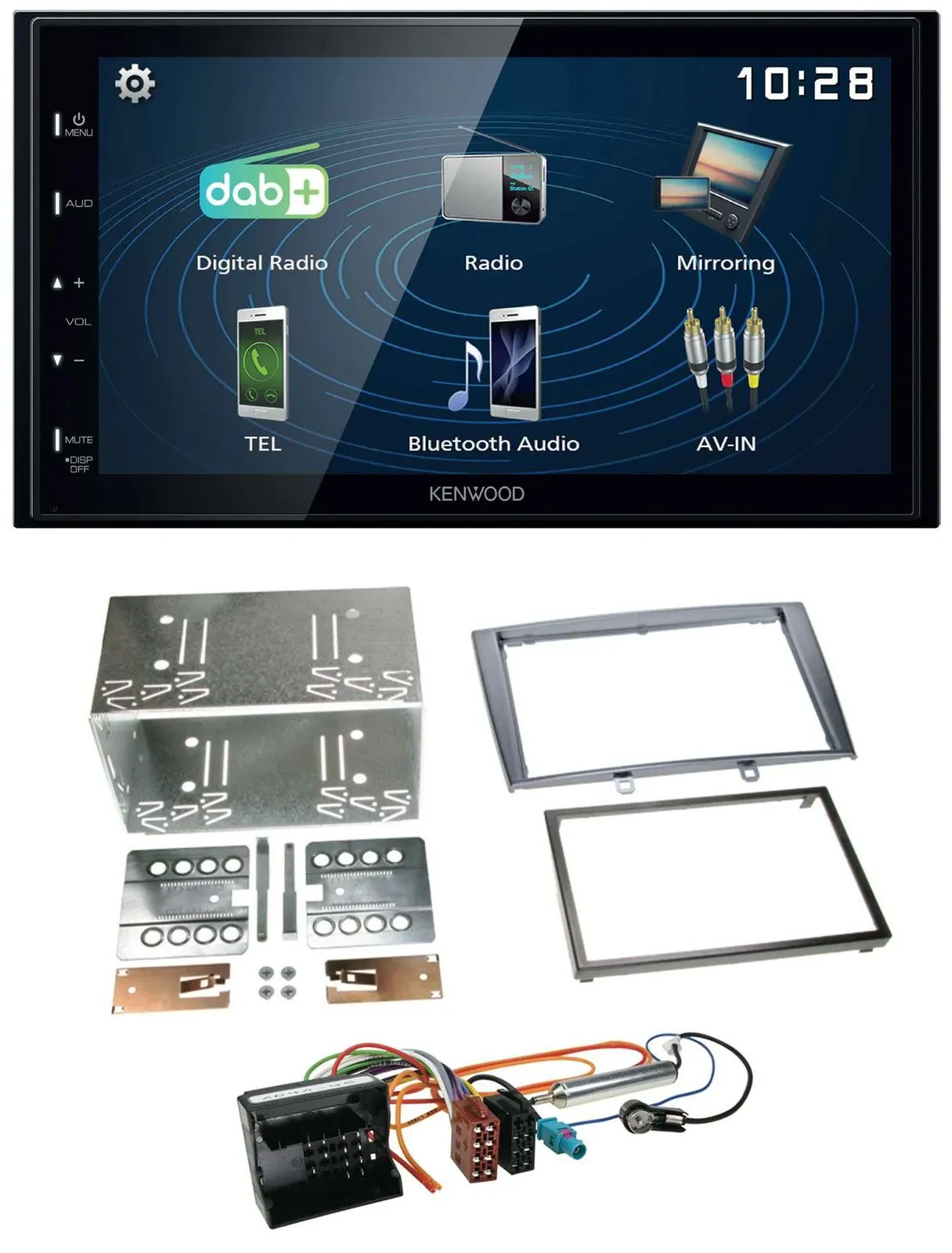 Автомагнитола Kenwood 2-DIN Bluetooth USB DAB для Peugeot 308 (2007–2009), серебристая