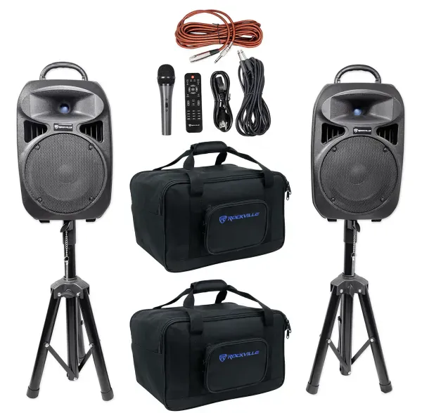 Rockville RPG082K Dual 8" Portable PA System w/Bluetooth+Mic+Stands+Cables+Bags