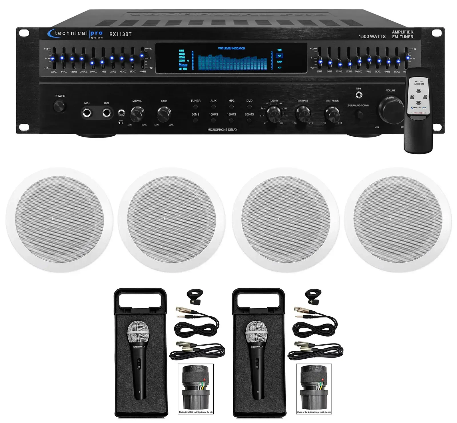 Technical Pro 1500 Watt Home Karaoke Machine System+(4) 6.5" Ceiling Speakers