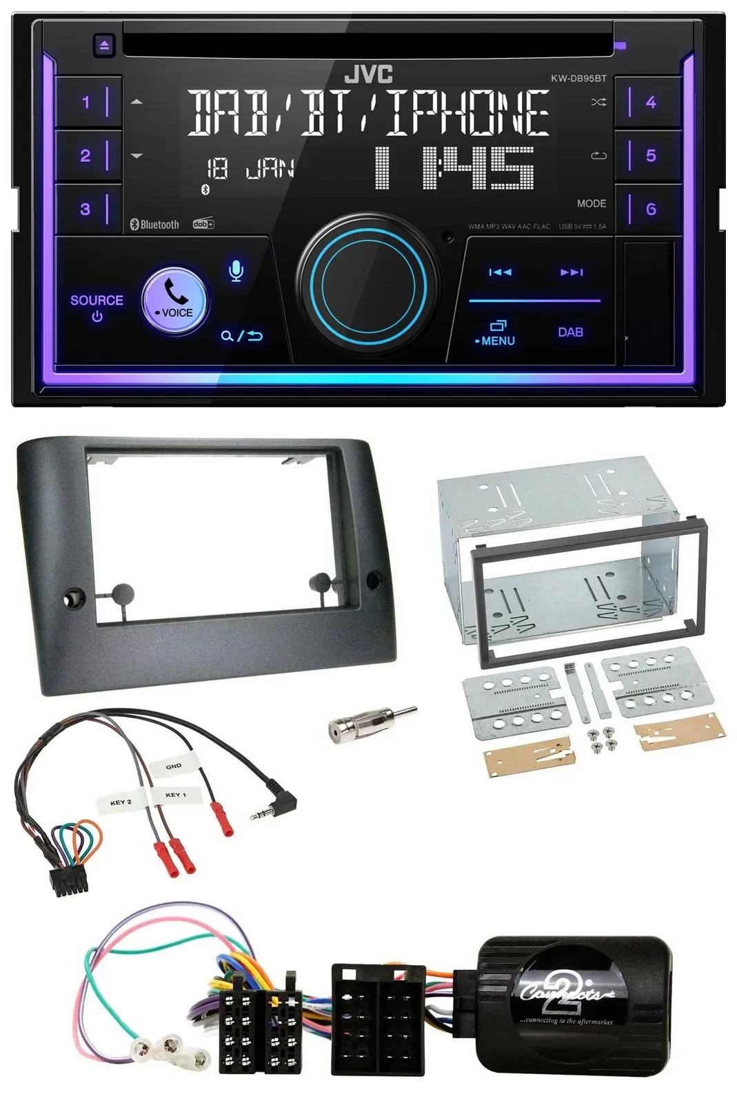 Автомагнитола для Fiat Stilo 2005–2007 JVC 2DIN, DAB, Bluetooth, CD, USB