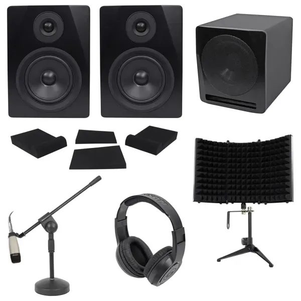 2) Rockville 5.25" Active Studio Monitors+Sub+Mic+Headphones+Stand+Shield+Pads