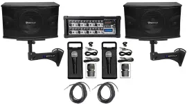 Pair Rockville KPS10 10" 3-Way 1200w Karaoke Speakers+Mixer+Wall Brackets+Mics