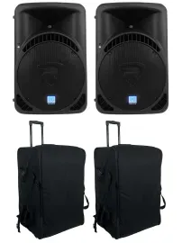 2 Rockville RPG15BT 15" Powered Bluetooth DJ Wireless Link Speakers+Rolling Bags