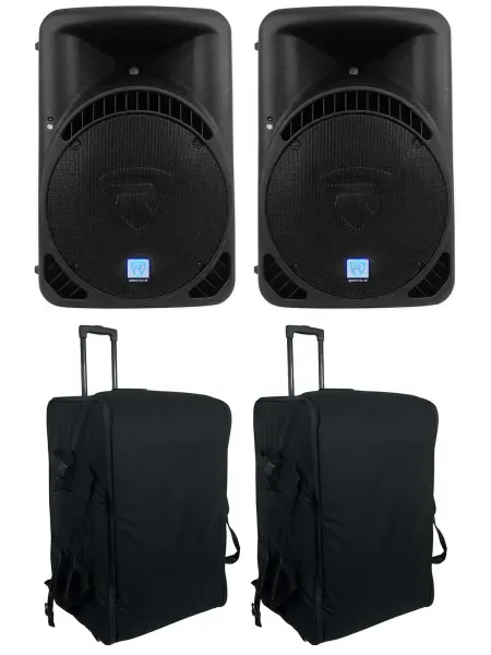 2 Rockville RPG15BT 15" Powered Bluetooth DJ Wireless Link Speakers+Rolling Bags