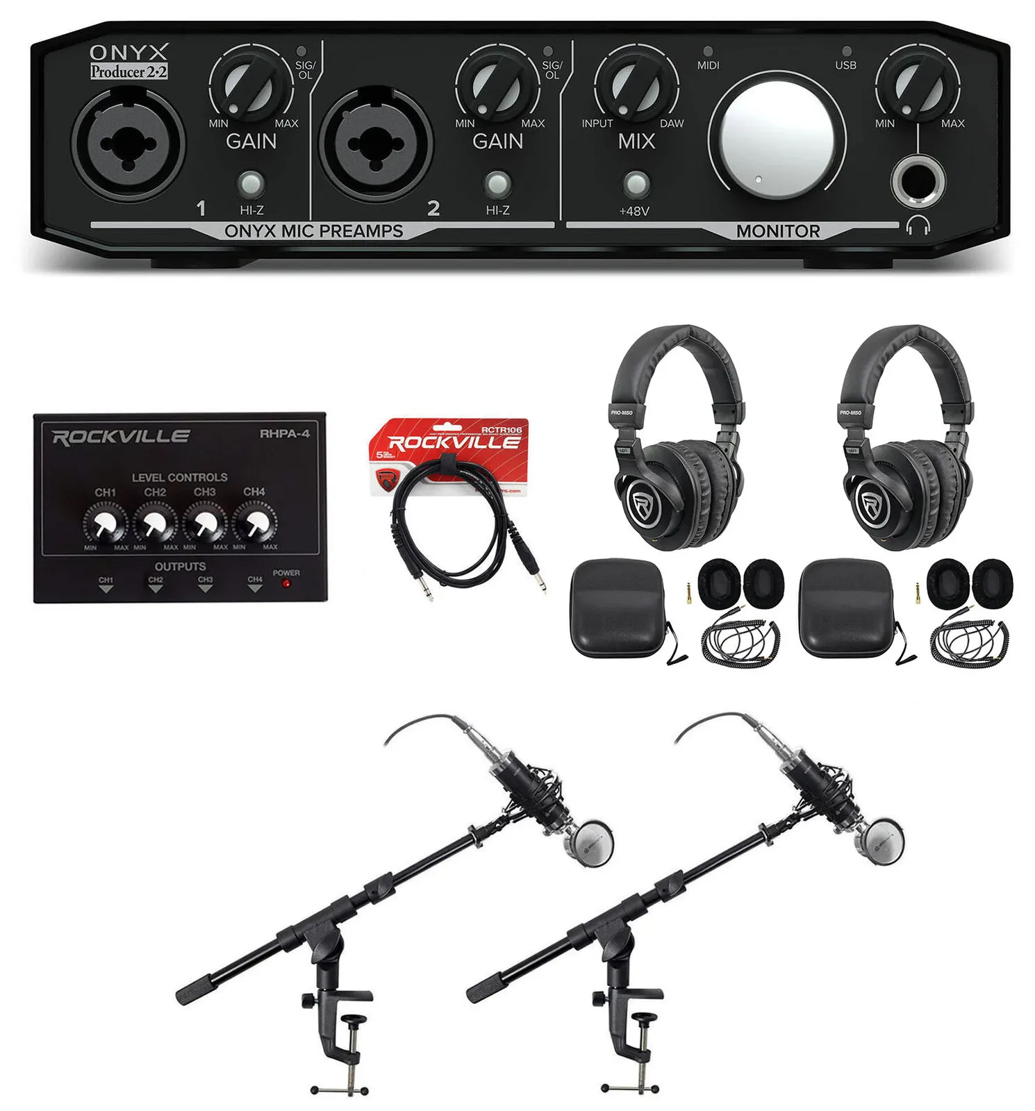 Mackie Podcast Podcasting Bundle w/ Interface+(2) Mics+(2) Headphones+Amp+Stands