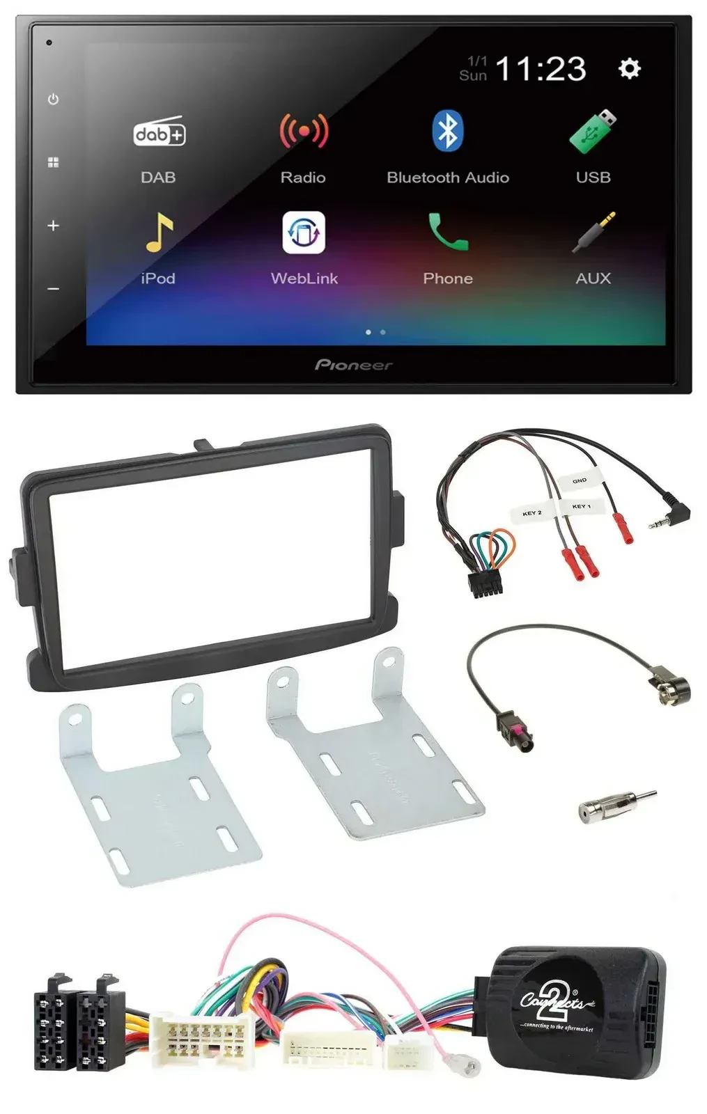 Автомагнитола Pioneer 2DIN, DAB, Bluetooth, USB, для Dacia Sandero (с 2013), черная