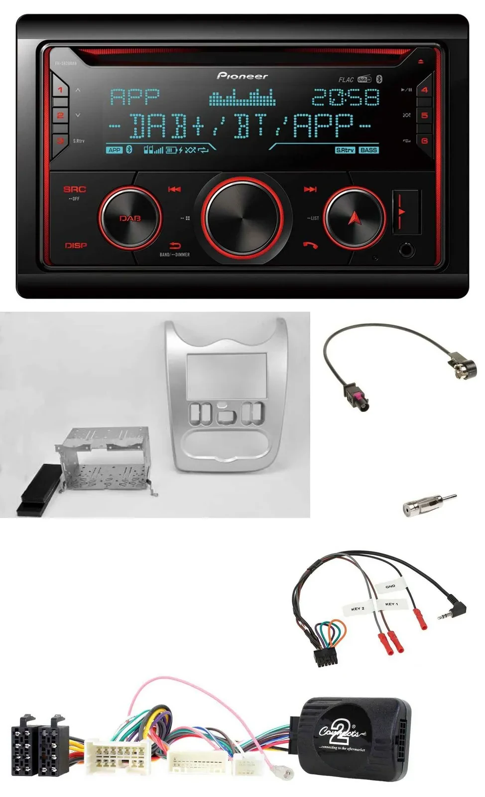 Автомагнитола Pioneer 2DIN DAB Bluetooth USB CD для Dacia (с 2012), светло-серебристый