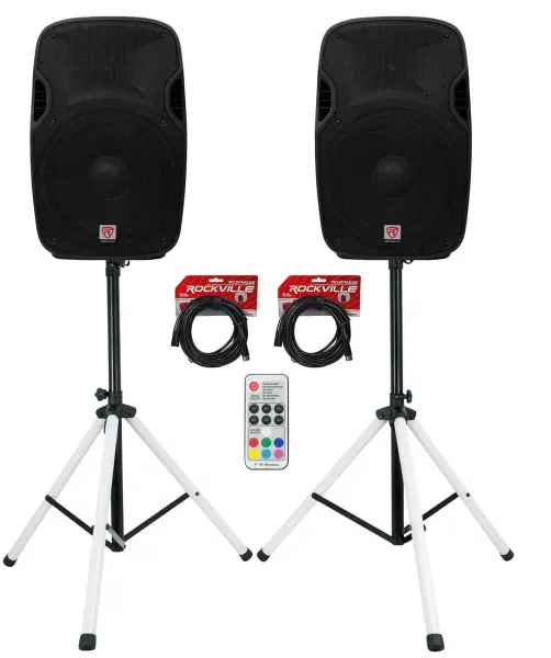 (2) Rockville SPGN154 15" Passive 1600w DJ PA Speakers+LED Stands+Remote+Cables