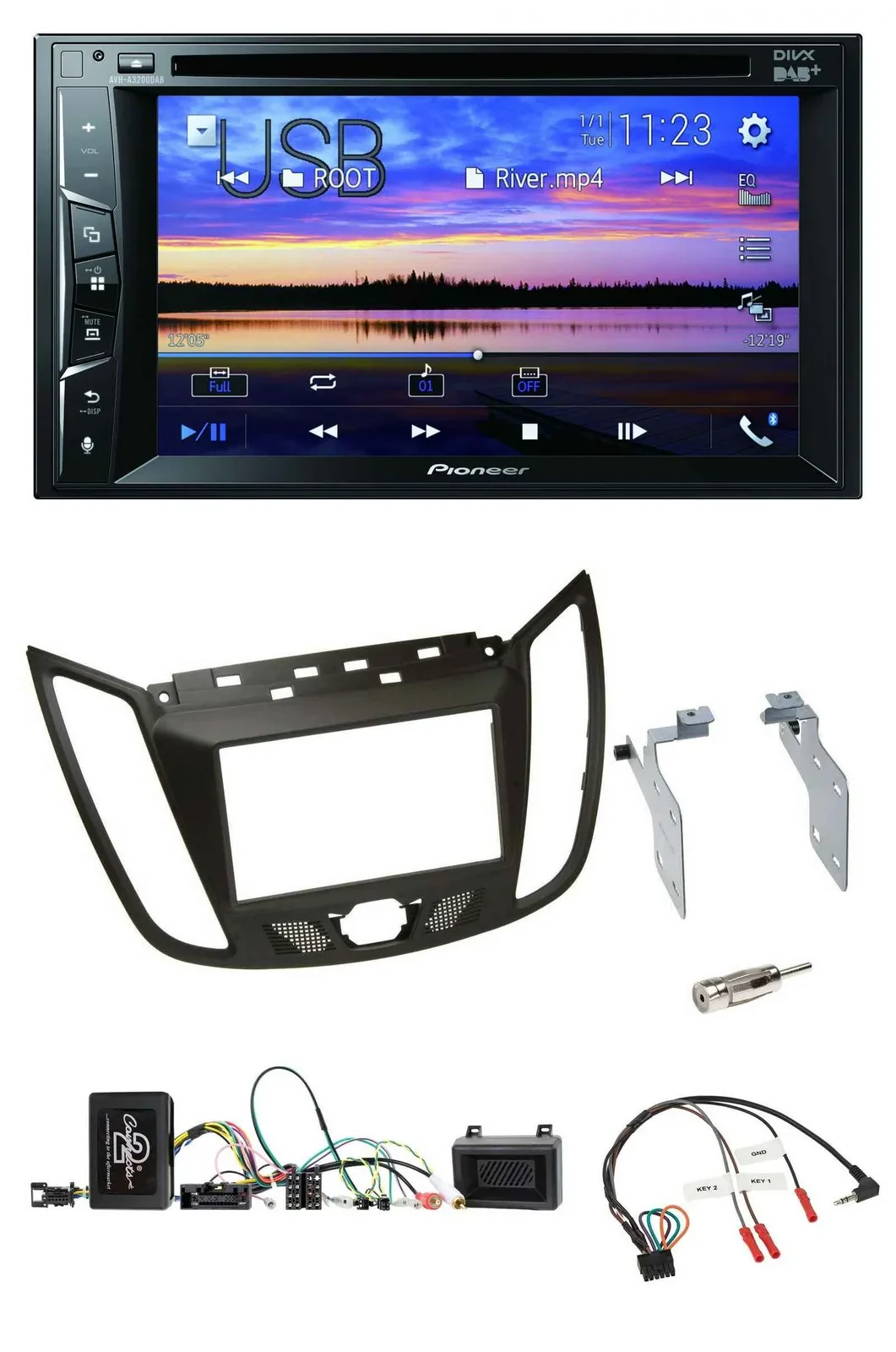 Автомагнитола Pioneer 2DIN, Bluetooth, USB, DVD, DAB, для Ford C-Max (с 2011), коричневый