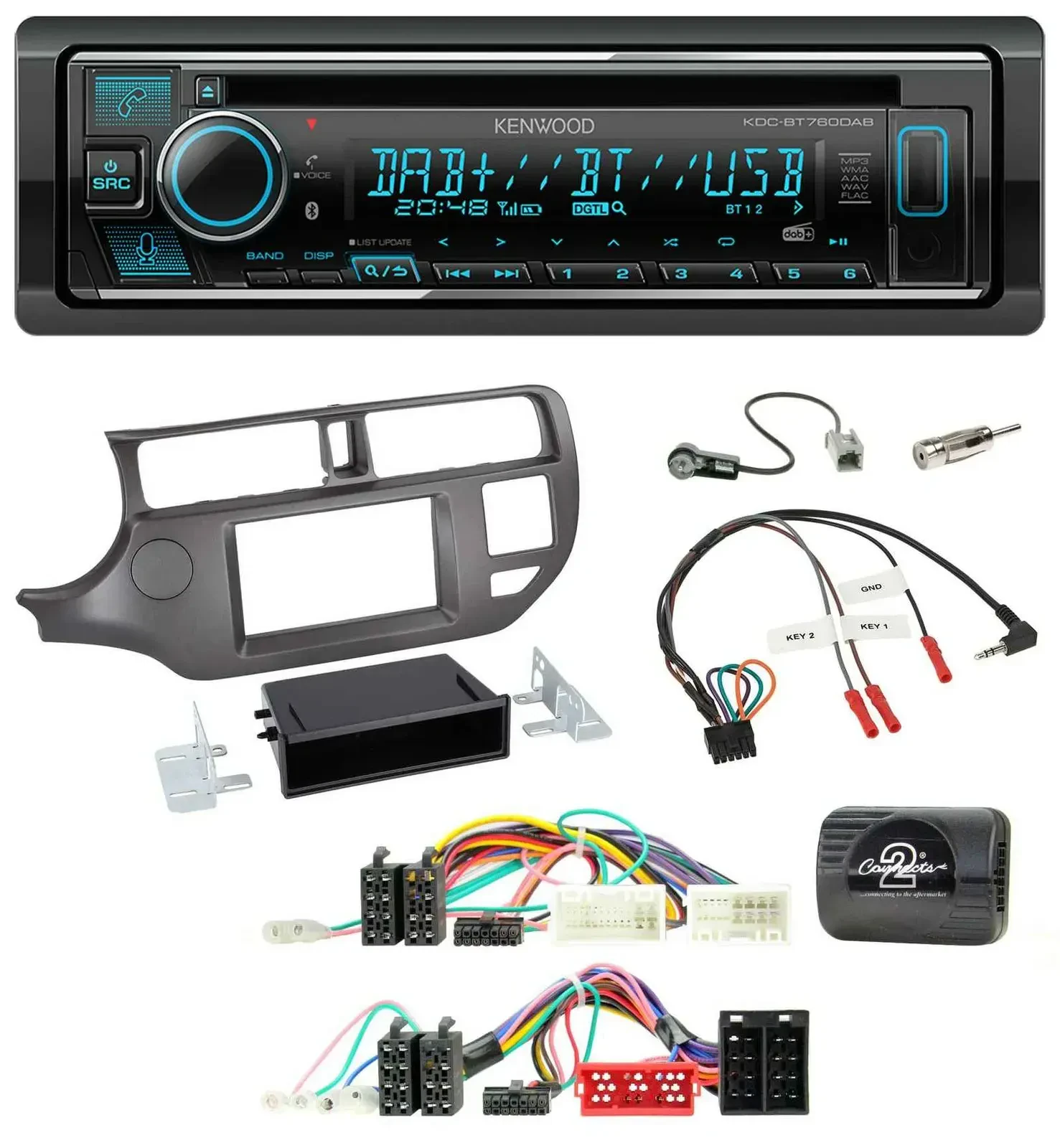 Автомагнитола Kenwood Bluetooth DAB USB CD для Kia Rio UB 2011–2015, антрацит, поддержка кнопок на руле