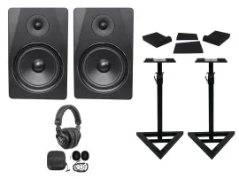 2) Rockville DPM8B 8" 600w Dual Powered Studio Monitors+Stands+Pads+Headphones