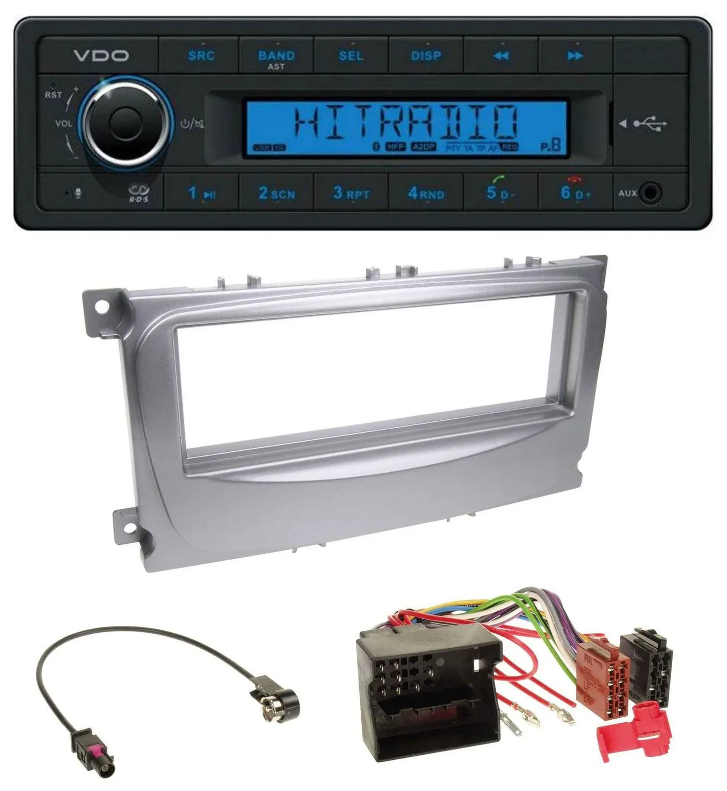 Автомагнитола VDO Bluetooth USB MP3 AUX для Ford Galaxy/C-Max/Focus (с 2007), серебристая