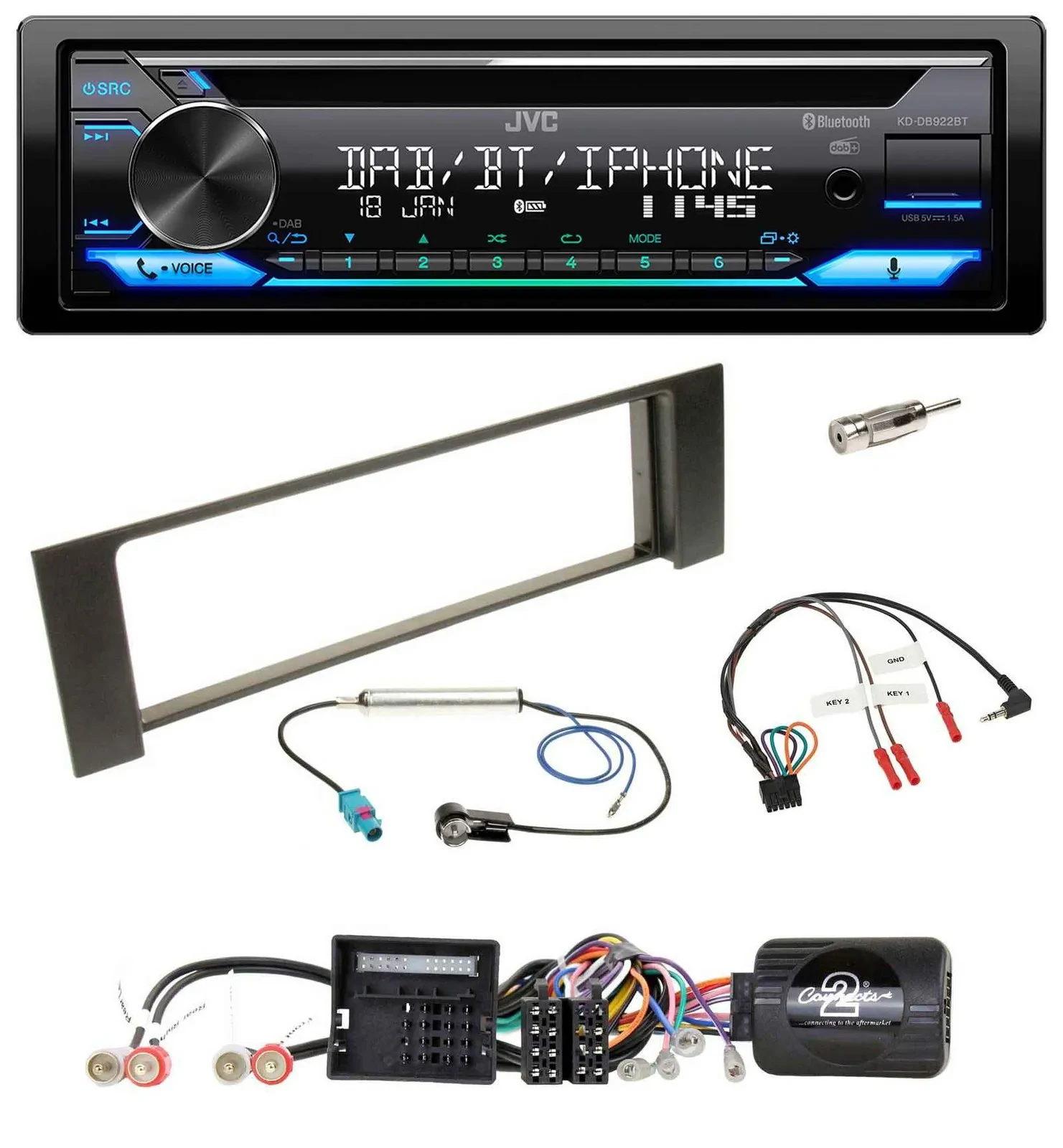 JVC Bluetooth Lenkrad USB DAB CD Autoradio für Audi A4 00-04 B6 Quadlock Fakra