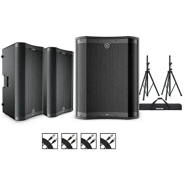 Harbinger VARI 3000 Powered Speakers Package w/VS18 Sub/Stands/Cables 15" Mains