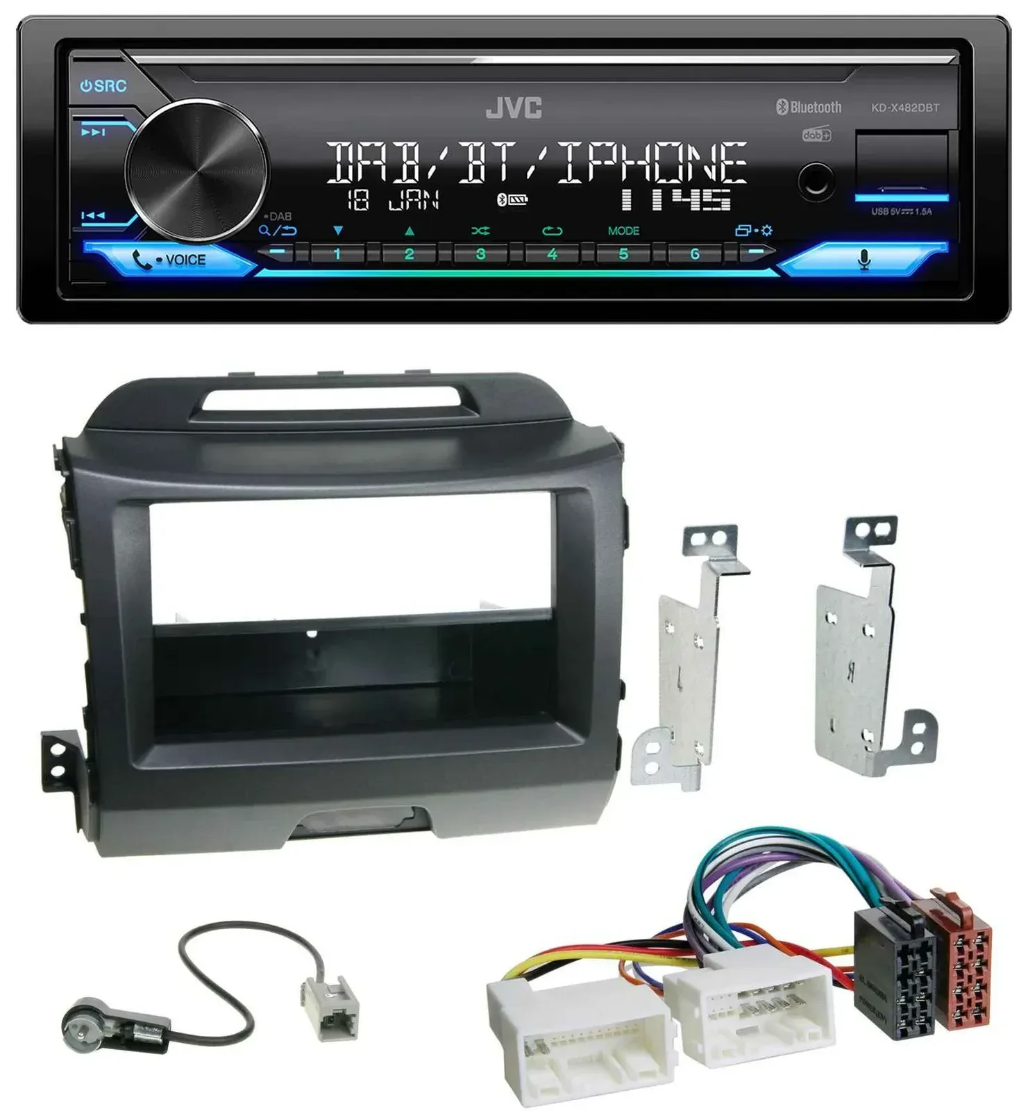 Автомагнитола для Kia Sportage 3 (2010–2015) JVC Bluetooth, DAB, USB, MP3, черный