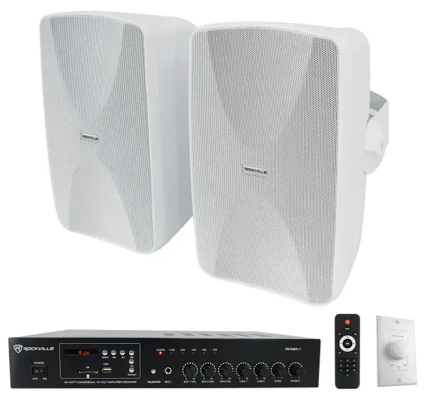 Rockville Commercial Amplifier+(2) White 6.5" 4-Way Swivel Speakers+Wall Control