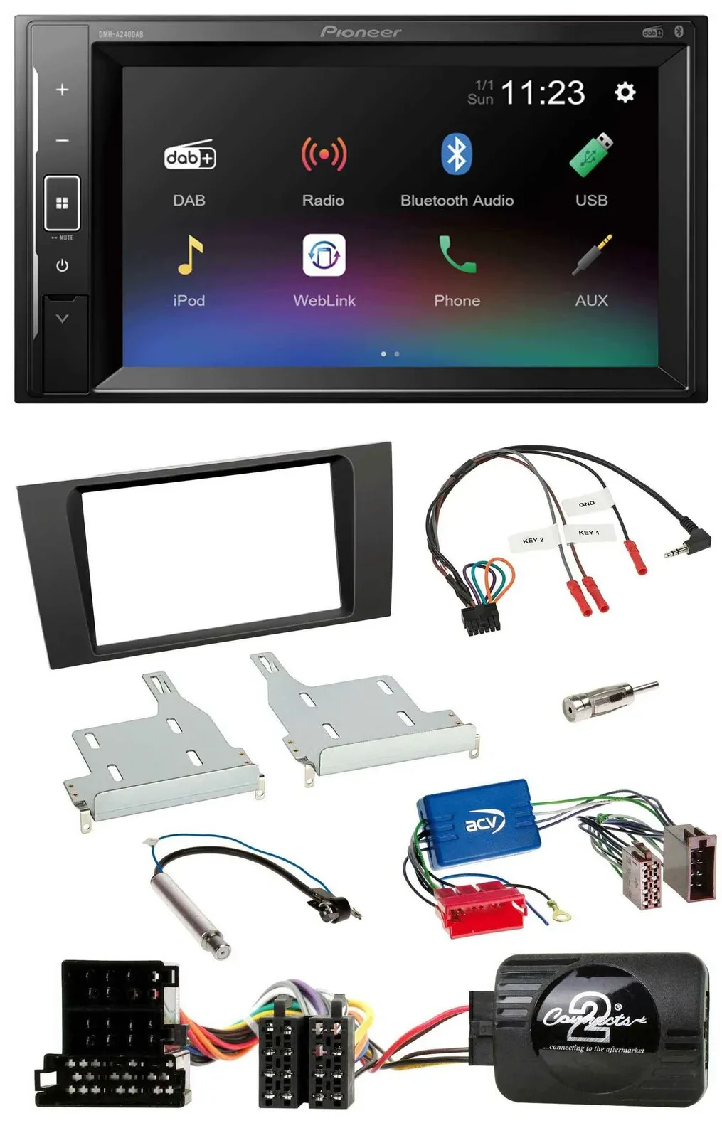 Автомагнитола для Audi A4 1999–2001 Pioneer 2DIN DAB, Bluetooth, USB с поддержкой кнопок на руле