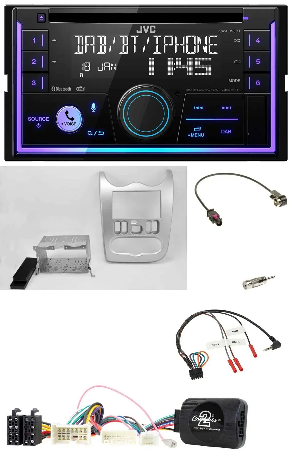 Автомагнитола для Dacia (с 2012) JVC 2DIN, DAB, Bluetooth, CD, USB, светло-серебристая