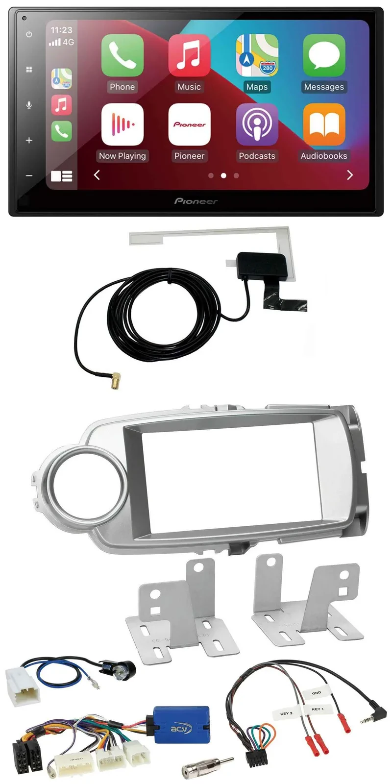 Автомагнитола для Toyota Yaris 2011–2014 Pioneer 2DIN, USB, Bluetooth, DAB, серебристая, поддержка кнопок на руле