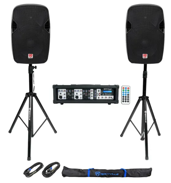 (2) Rockville SPGN124 12" 1200W DJ PA Speakers+Powered 4-Ch. Mixer+Stands+Cables