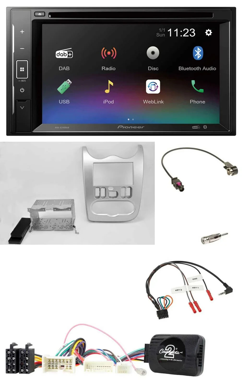 Автомагнитола Pioneer 2 DIN, Bluetooth, USB, DAB, DVD, для Dacia (с 2012), светло-серебристый