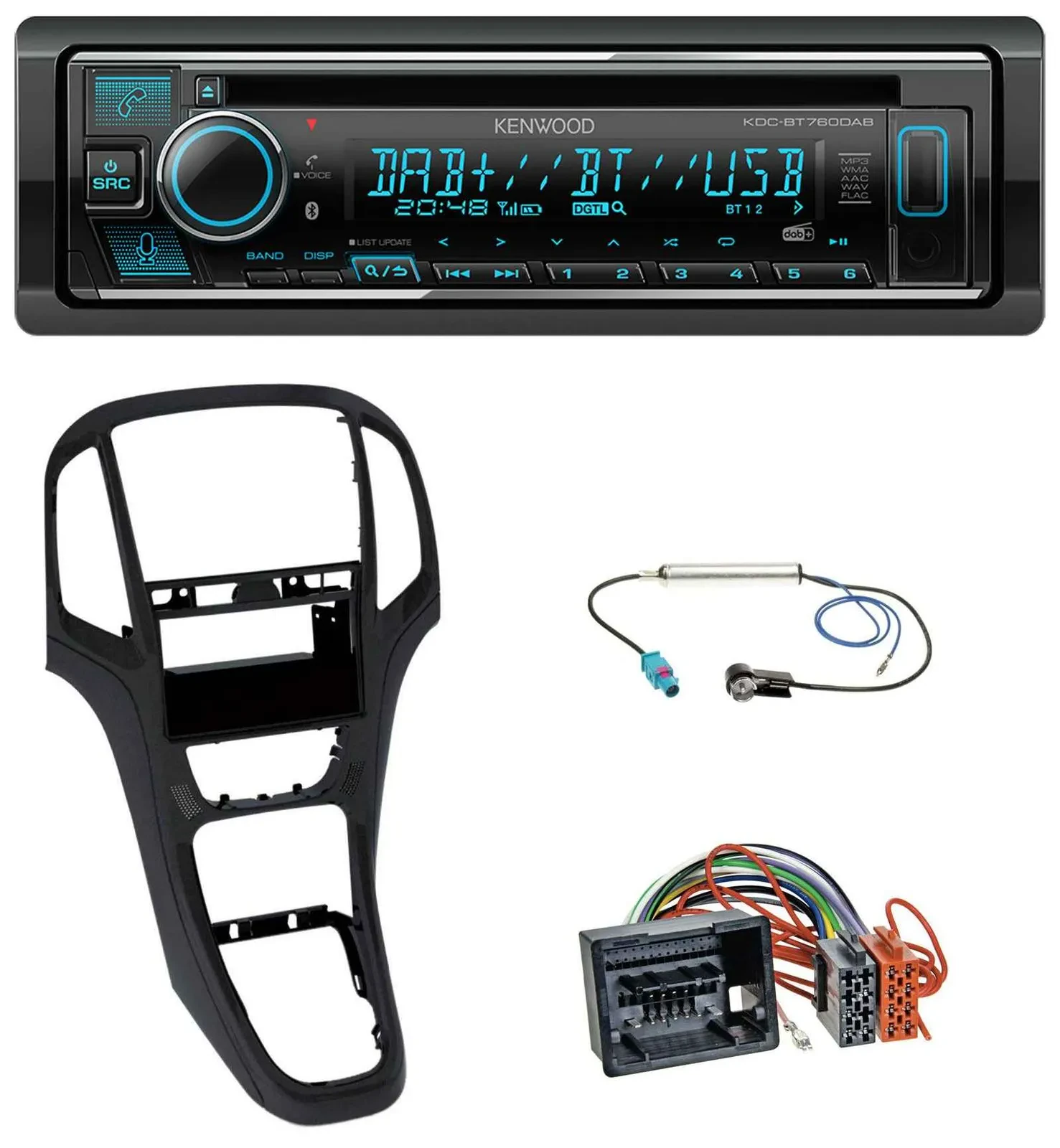Автомагнитола Kenwood MP3, Bluetooth, DAB, USB, CD для Opel Astra J (с 2009), чёрный перламутровый