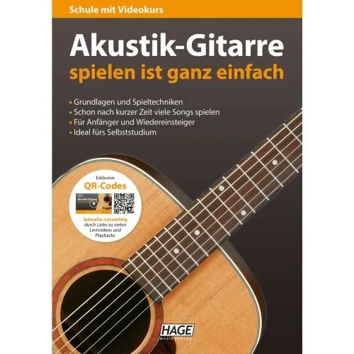Книга для акустической гитары Hage Akustik-Gitarre spielen ist ganz einfach (mit QR-Codes) 64 стр., A4, скрепление скобами