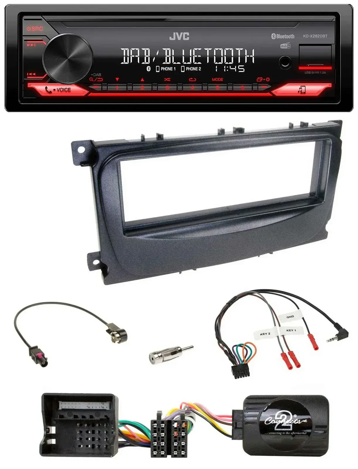 Автомагнитола JVC Bluetooth USB DAB для Ford Focus/C‑Max/Galaxy (с 2007), чёрный