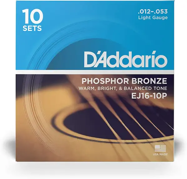 Струны для акустической гитары D'Addario EJ16-10P 12-53, бронза фосфорная, 10 комплектов