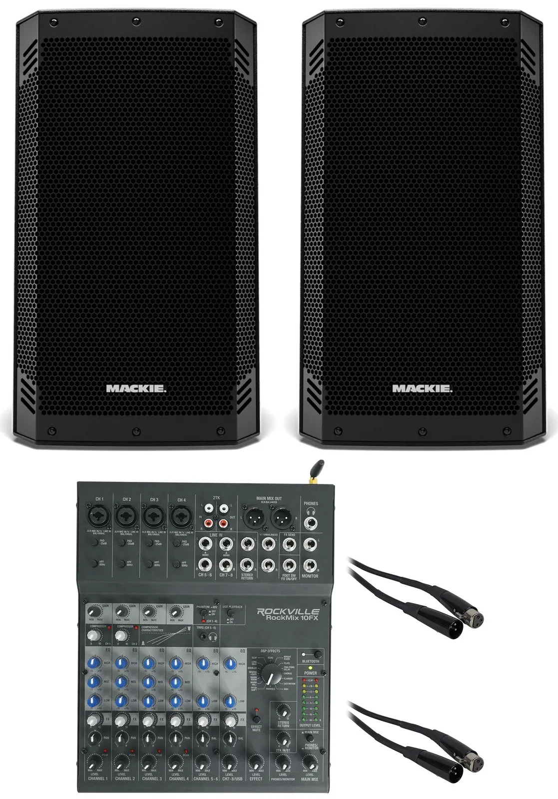 (2) Mackie Thrash15 v2 15" 1300w Powered DJ PA Speakers w/Bluetooth+Mixer+Cables