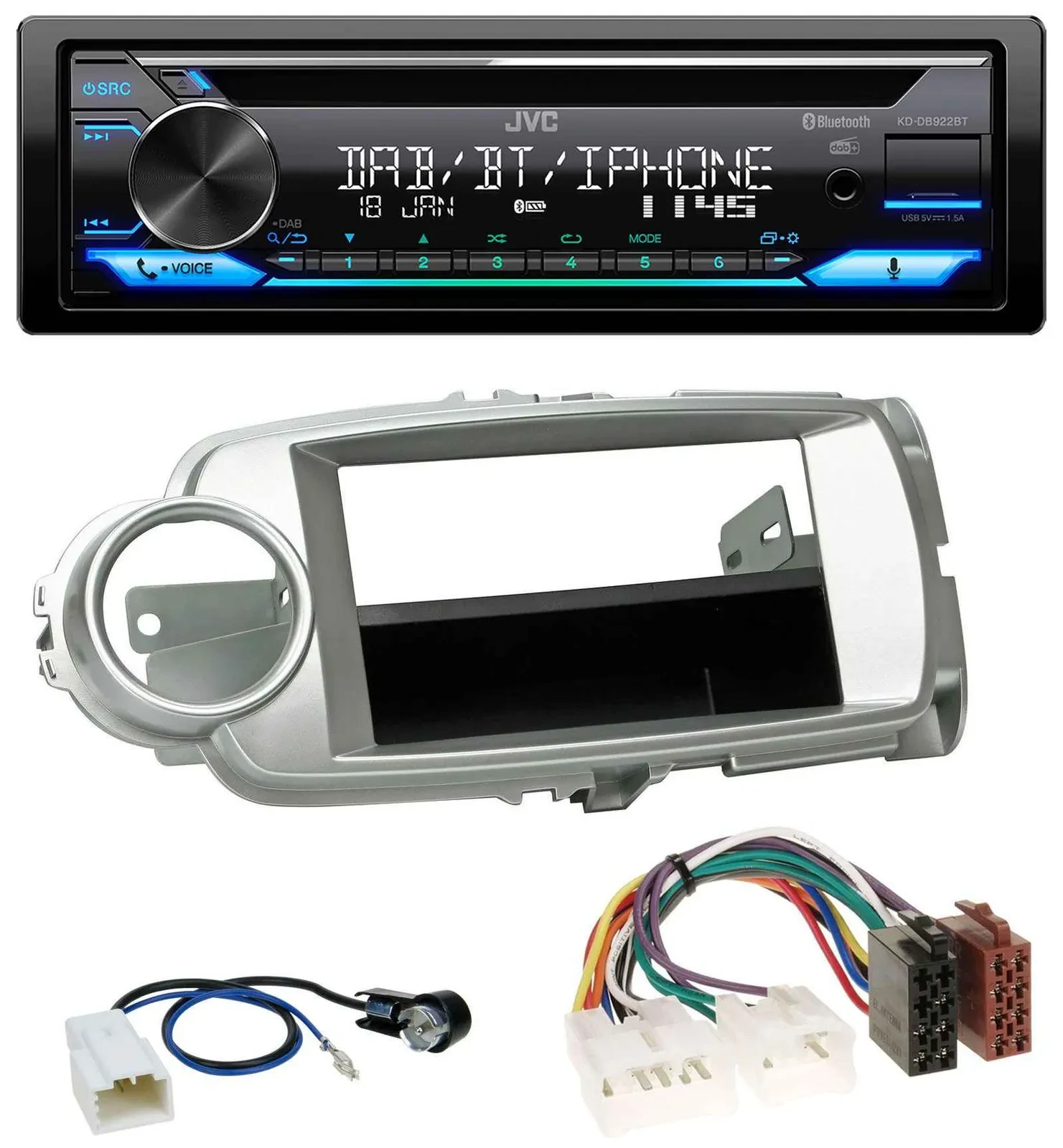 Автомагнитола для Toyota Yaris (2011–2014) JVC Bluetooth MP3 USB DAB CD, серебристая