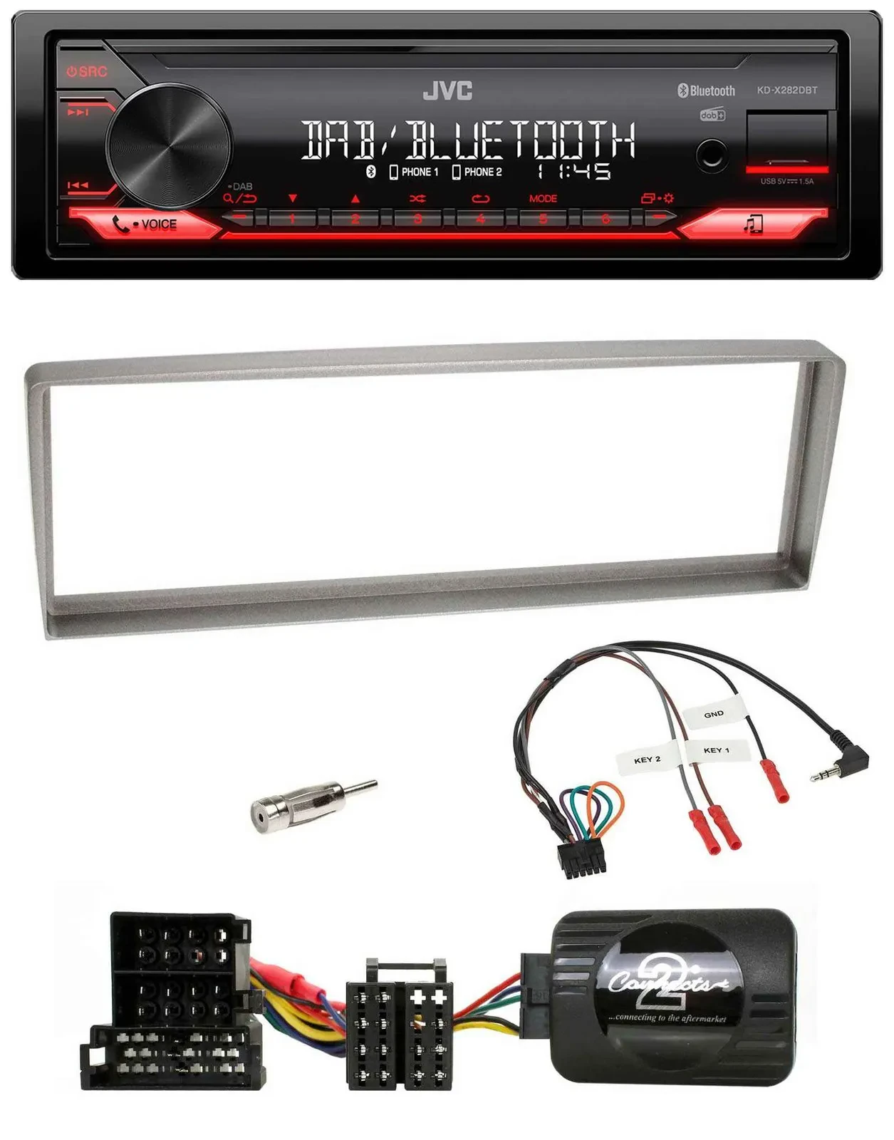 Автомагнитола JVC Bluetooth, USB, DAB для Alfa Romeo 156 (с 2003), серебристая с поддержкой кнопок на руле