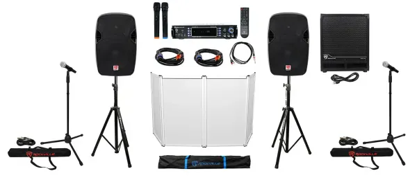 DJ Package w/ 12" Speakers+Subwoofer+Bluetooth Amp+Facade+Mics+Stands+Cables+Bag