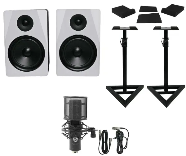 (2) Rockville APM8W 8" Powered USB Studio Monitors+Stands+Pads+Condenser Mic