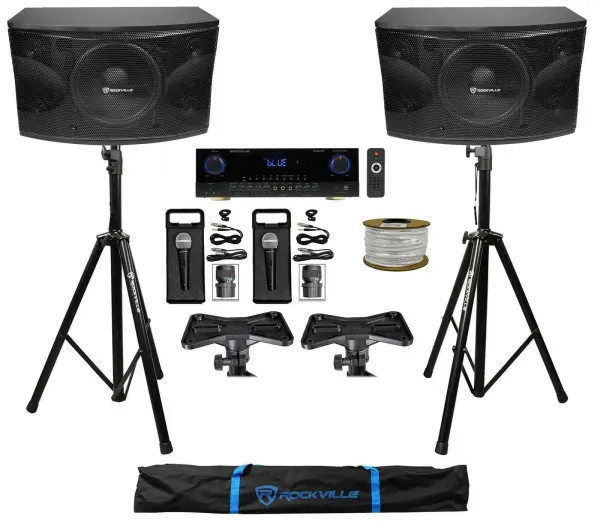 2) Rockville KPS12 12" Karaoke Vocal Speakers+Bluetooth Amplifier Mixer+2) Mics