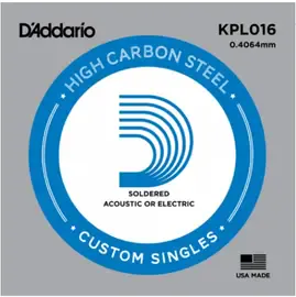 Струна для акустической и электрогитары D'Addario KPL016 High Carbon Steel Custom Singles, сталь, калибр 16