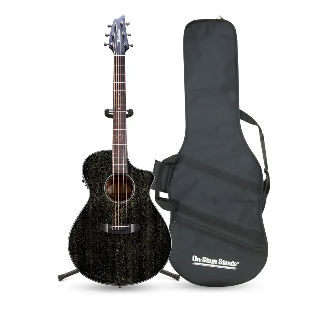 Breedlove Rainforest S Concert Acoustic Electric Black Gold Guitar Bundle