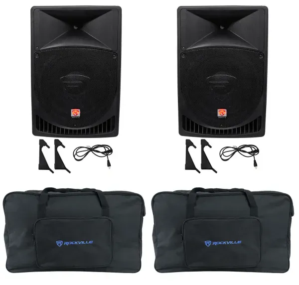 (2) Rockville RPG15 15" Powered 2000w DJ PA Speakers+Weatherproof Speaker Bags